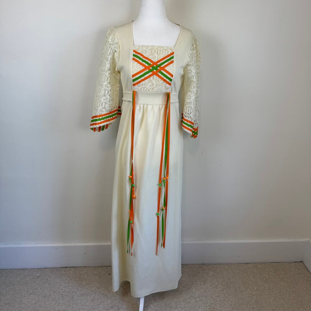 Vtg 70s ILGWU Prairie Maxi Dress XS Lace Ribbon Empire Waist Maiden Renaissance